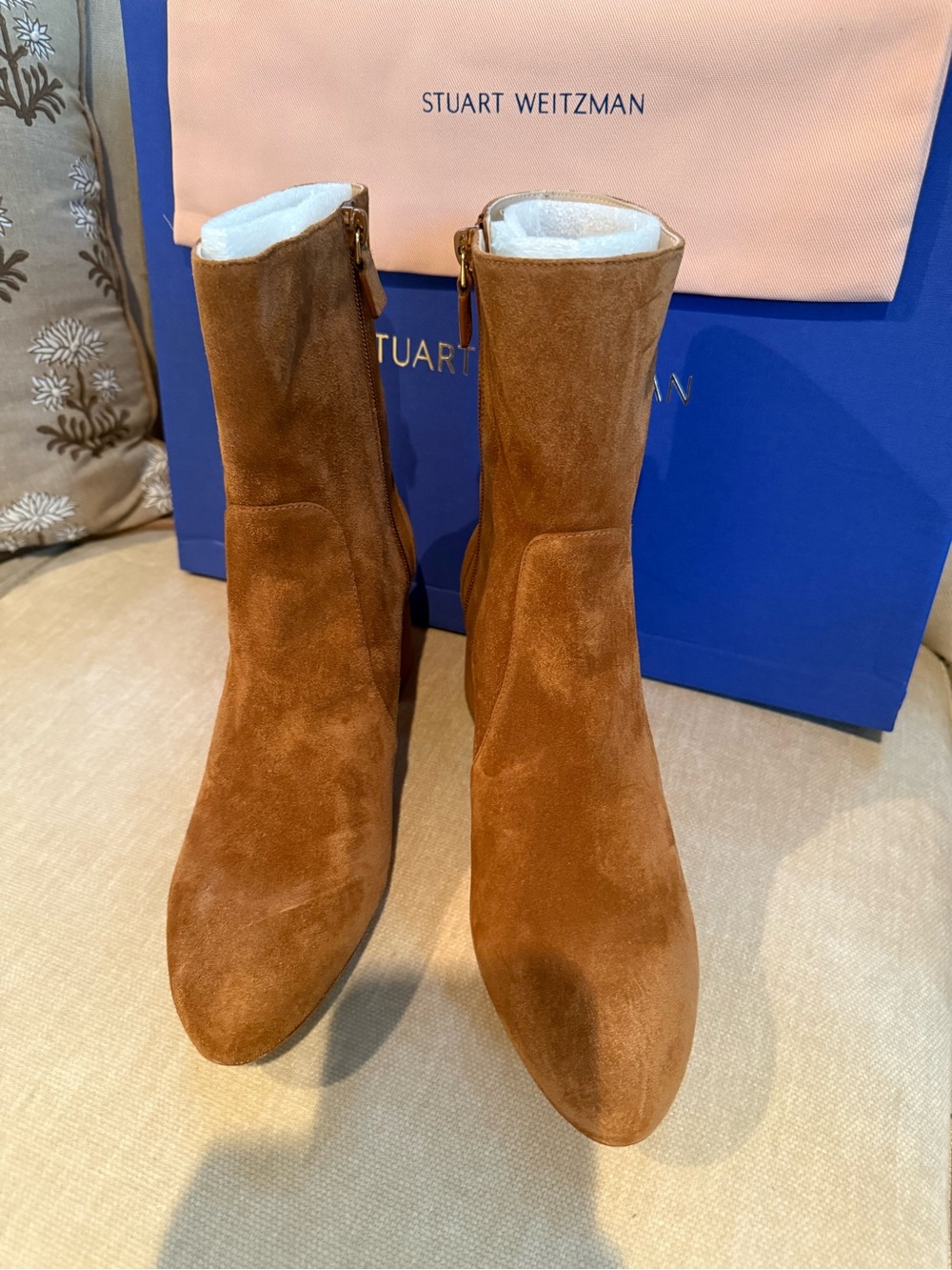Stuart Weitzman Cognac Suede Block Heel Booties